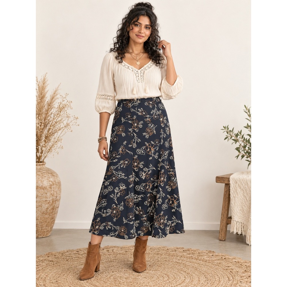 Boho Cottagecore Y2K 90s Old Money Trumpet Hem Navy Blue Floral 8 Midi Skirt